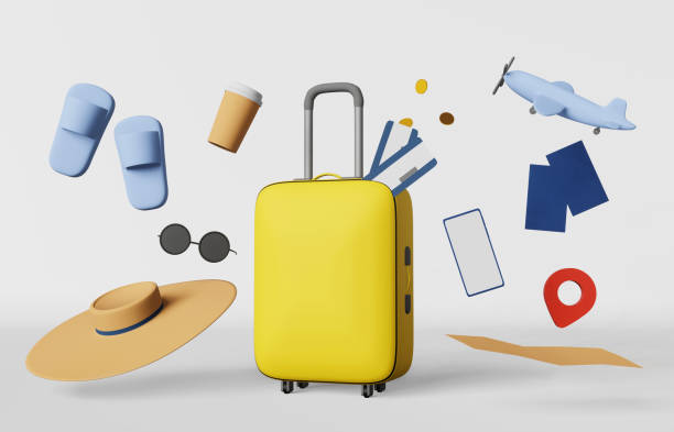 istock Yellow suitcase airplane ticket map passport slippers coffee 3d rendering banner Modern creative travel sale advertising 1472629884