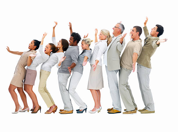istock Happy business people standing in a row 147263181