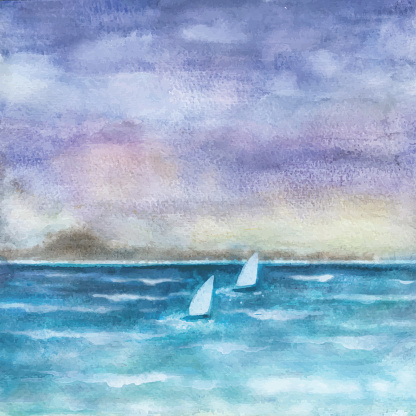 Aquarelle - blue sea, sailboats, sky, clouds. Watercolor landscape. Vector illustration.