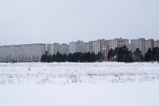 Social houses in Dreilini district in Riga in a snowfall