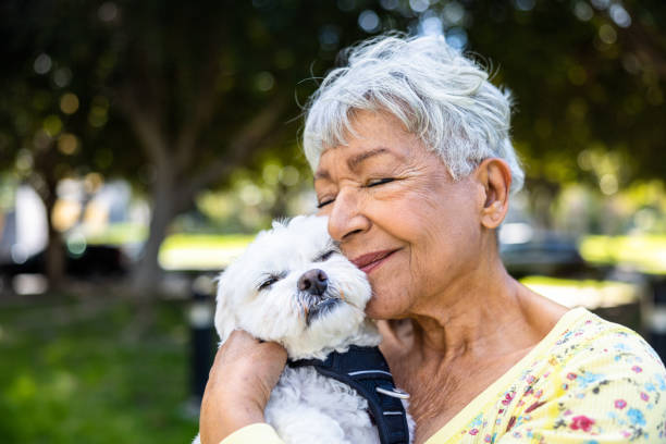 una donna anziana di razza mista che tiene il suo cucciolo all'aperto - dog pets healthy lifestyle cheerful foto e immagini stock