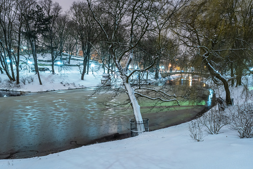 Bastejkalns Park at night in a snowfall.
