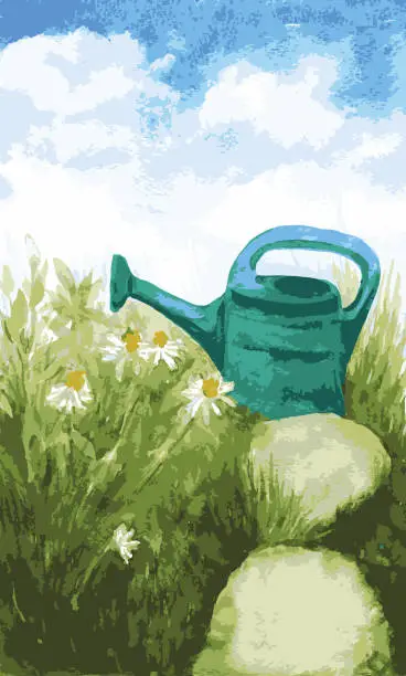 Vector illustration of Vector illustration of an aquarelle - daisies, watering can, blue sky, clouds.