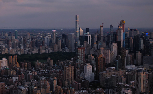 Aerial view of New York City Manhattan area skyline at sunset