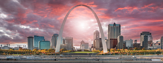 St. Louis Missouri USA downtown city skyline panoramic view and the Gateway Arch over the Mississippi River in the summer