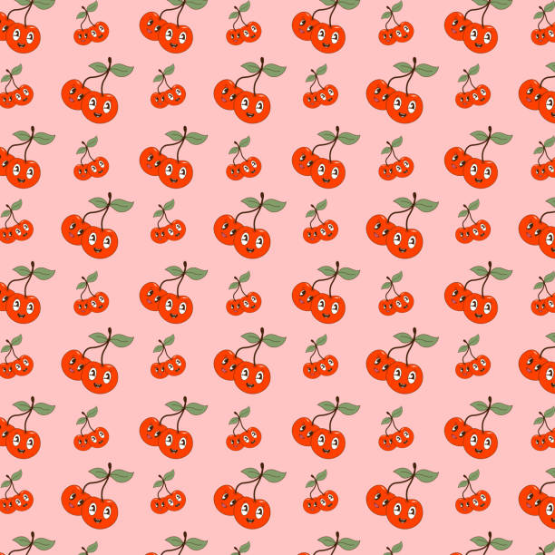 Cherry pattern with cartoon facial expressions and smiles. Berries of love. Pattern, background, print, sketch, retro, vintage, sixties. Vintage sticker. Vector. Cherry pattern with cartoon facial expressions and smiles. Berries of love. Pattern, background, print, sketch, retro, vintage, sixties. Vintage sticker. Vector. hachimaki stock illustrations