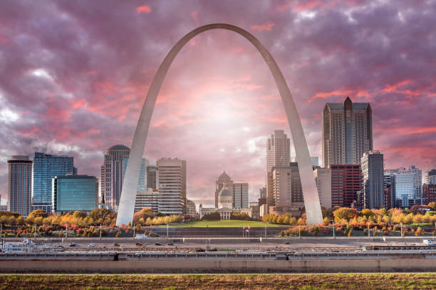 St. Louis Missouri downtown city skyline view and the Gateway Arch over the Mississippi River stock photo