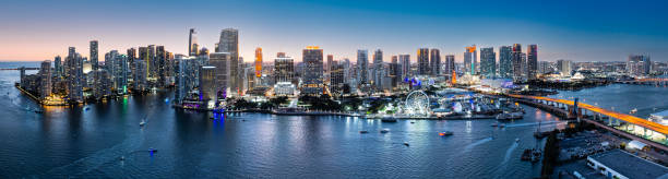 Aerial panorama of Miami at dusk, Florida stock photo