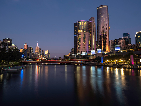 Melbourne skyline and the Yarra River after sunset