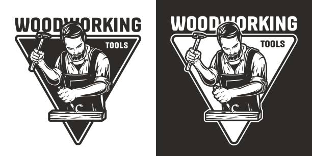 Bearded carpenter for emblem of carpentry or wood carving. Woodworker with chisel in his hands for design of workshop or woodworking
