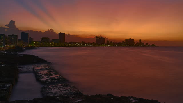 Sunset over the Malecon in Havana .Time lapse