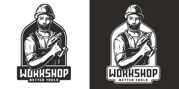 Vector illustration of Bearded carpenter in for emblem of carpentry or repair. Woodworker with electric screwdriver in hand