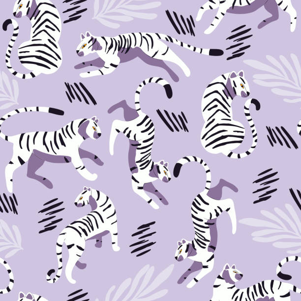 istock Seamless pattern with hand drawn exotic big cat white tiger, with tropical plants and abstract elements on light purple background. Colorful flat vector illustration 1472651691