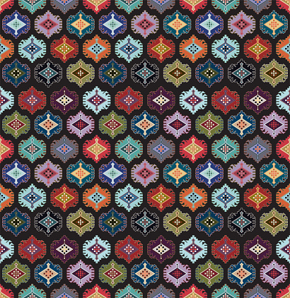 Ethnic motif pattern. Upholstery textile design. Turkish rug colorful fabric swatch.