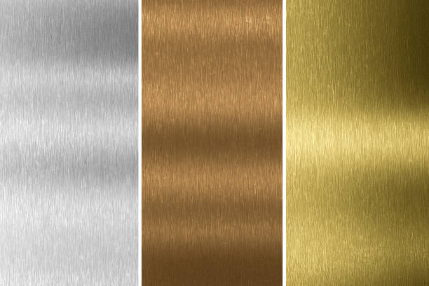 gold, silver and bronze collection. metal background. 3d rendering - aluminum brushed metal steel imagens e fotografias de stock