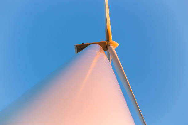 Wind turbine spinning for renewable electricity production with blue sky in the background.