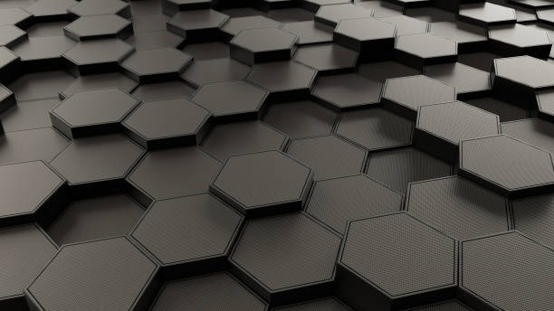 istock 3d metal and blackmaterialin pespective view hexagons background. 3d render illustration. 1472655824