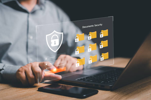 istock Data management and security concept on virtual screens, Businessman login on lock pad to manage personal information document data with laptop secure internet access Future technology and cybernetics 1472656385