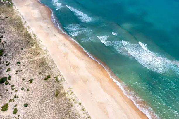 Aerial View of Undeveloped Beach and Waves Breaking on Hatteras Island in North Carolina