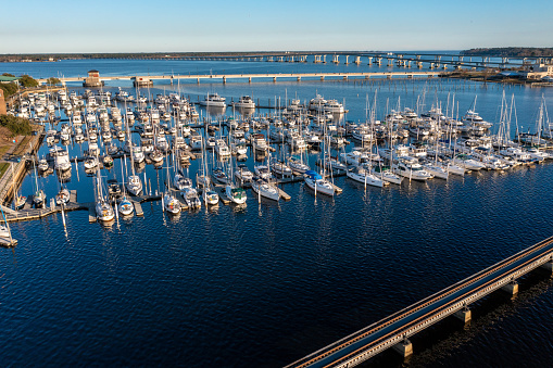 Aerial View of the Waterfront and a Large Marina in New Bern North Carolina