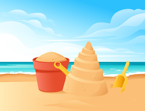 Sand tower on the beach happy childhood hobby building with sand shovel and bucket vector illustration with beachside and clear sky.