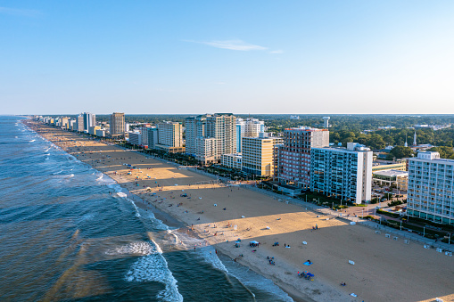 Aerial View of The Virginia Beach Oceanfront as the Sun Sets during Labor Day Weekend