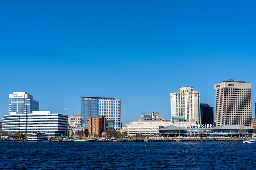 Norfolk Virginia - April 3 2022: Downtown Norfolk Seen From the Elizabeth River on a Sunny Day