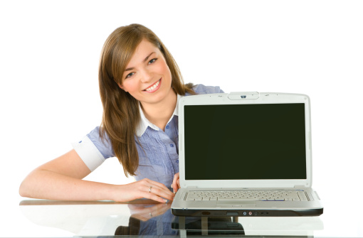 Woman with a laptop computer isolated over a white background, you can easy add your text.
