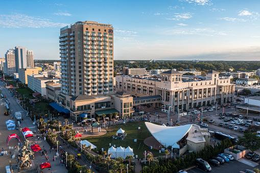 Virginia Beach Virginia - September 5 2021: Aerial View of The Hilton Hotel and 31st Street Park at the Virginia Beach Oceanfront