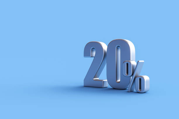 istock Silver twenty percent sign on blue background 1472677410