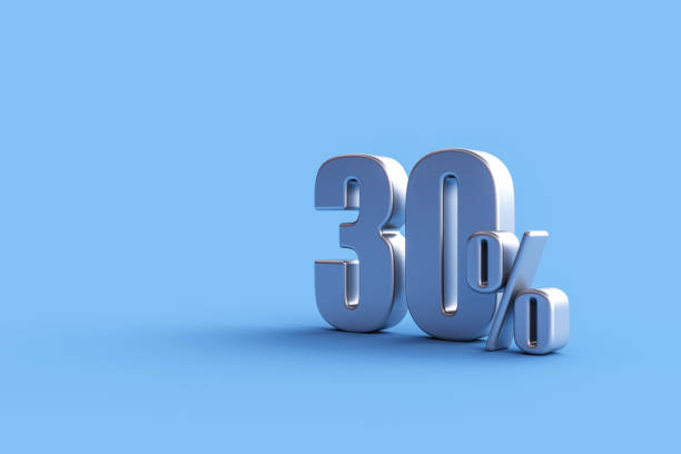 istock Silver thirty percent sign on blue background 1472677418