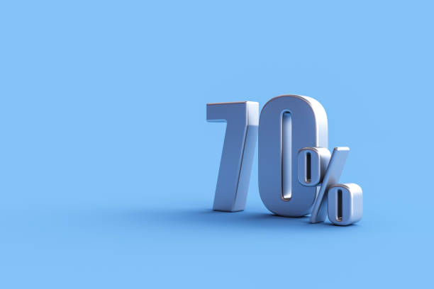 istock Silver seventy percent sign on blue background 1472677420