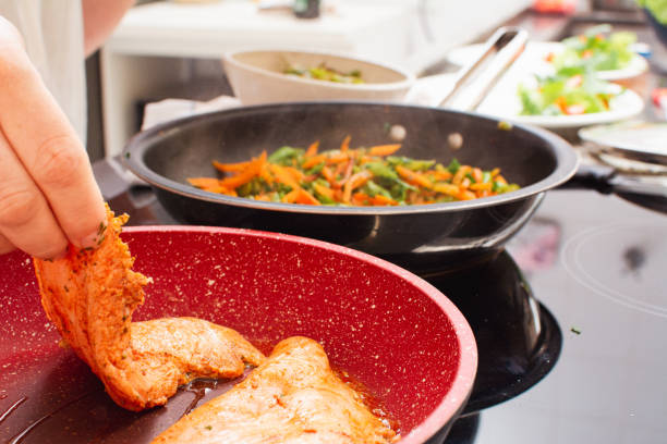 Raw Chicken Breasts Being Added to Hot Red Skillet