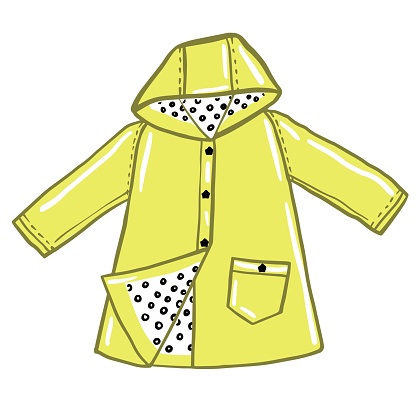 Yellow raincoat. Girl seasonal  spring,  fall  clothes collection. Kids outfits vector doodle illustration isolated on white background.