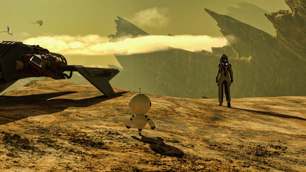 istock Space traveler with a small robot exploring a new planet and facing alien flying creatures 1472682173
