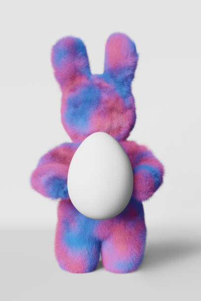 istock Cute plush Easter bunny white egg greeting card 3d rendering. Purple pink rabbit contemporary creative minimalist style. 1472682575