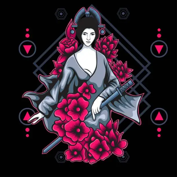 Vector illustration of geisha illustration with sacred geometry background