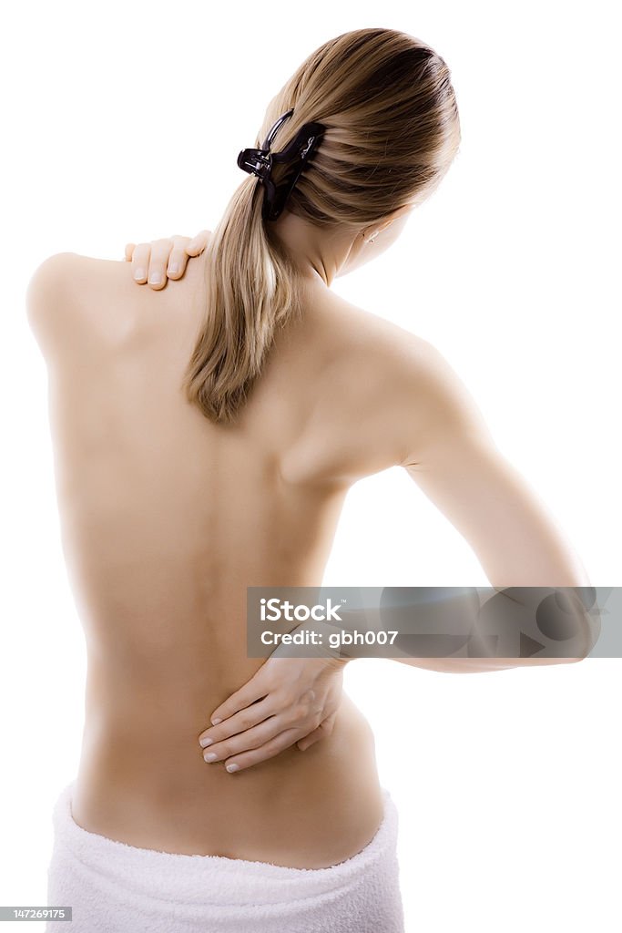 Woman massaging pain back Woman massaging pain neck Adult Stock Photo