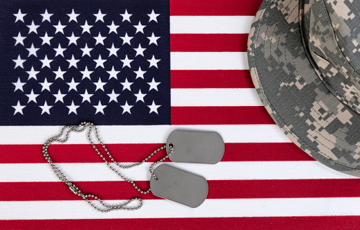 American Flags, military boots, dog tags and hat.  Remembering on Veteran's Day and Memorial Day.