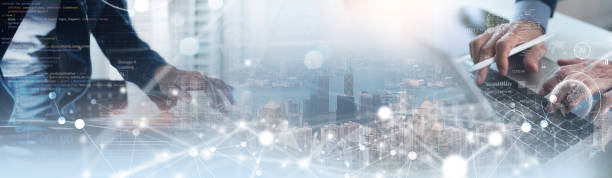 istock Digital technology, internet network communication, global business networking. Business teamwork using computer with the city background, computer programmer coding, data exchange, business intelligence technology background 1472693573