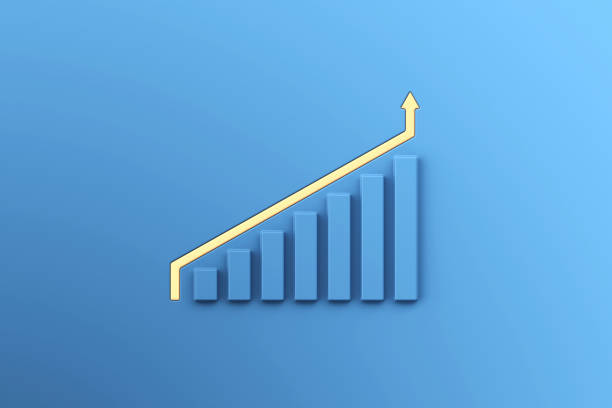 istock 3d business blue graph with arrow icon, Trade arrow. Exchange price chart. Growth and changes in value. Exchange trading. Reporting annual and quarterly profits. 3d rendering 1472695275