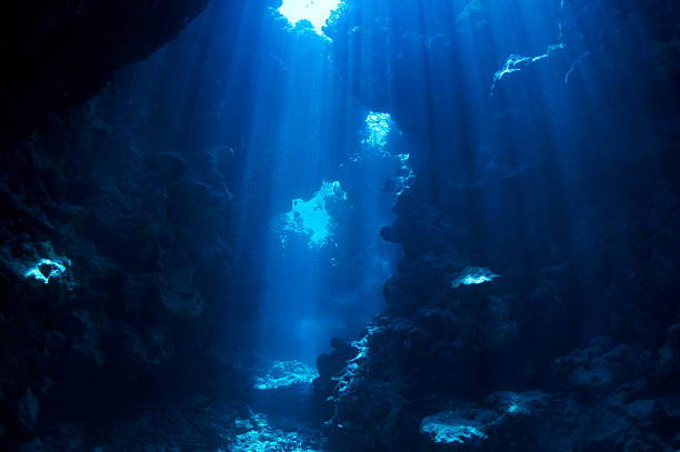 Underwater background at the sea floor underwater landscape. cave in the coral reef lit sun rays. grotto cave photos stock pictures, royalty-free photos & images