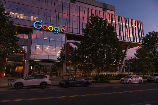 Seattle, USA - Jul 24, 2022: The South Lake Union Google Headquarters at sunset.