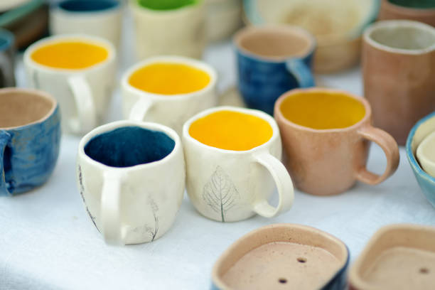 Ceramic dishes, tableware and jugs sold on Easter market in Vilnius. Lithuanian capital's annual traditional crafts fair is held every March on Old Town streets.
