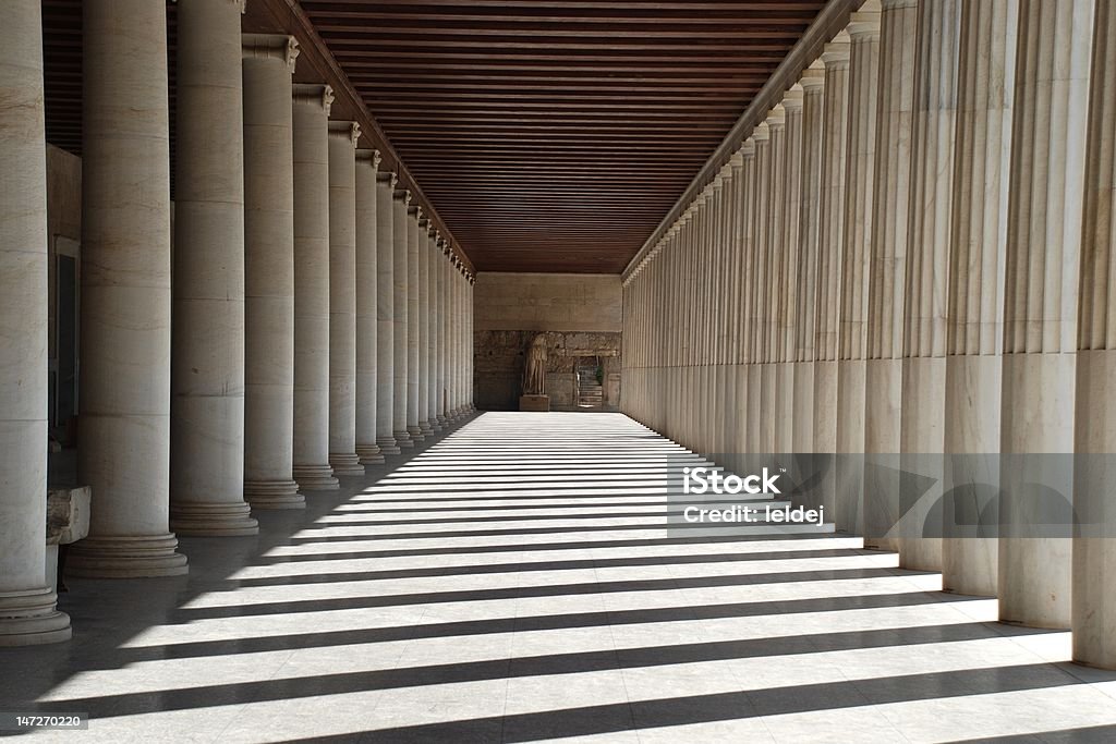Ancient Now Ancient Agora. Ancient greek stoa. Column arcade. Athens - Greece Stock Photo