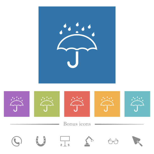 Umbrella with rain outline flat white icons in square backgrounds Umbrella with rain outline flat white icons in square backgrounds. 6 bonus icons included. aegis stock illustrations