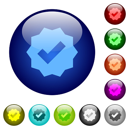 Verified sticker solid icons on round glass buttons in multiple colors. Arranged layer structure