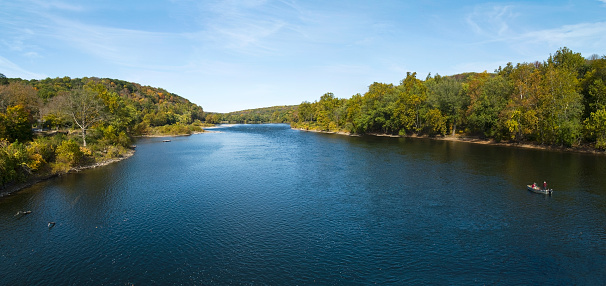 A panoramic view of the Delaware River near Washington Crossing, between Pennsylvania and New Jersey.