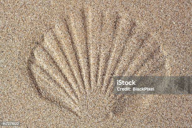 Shell Symbol In The Sand Stock Photo - Download Image Now - Animal Shell, Backgrounds, Beige