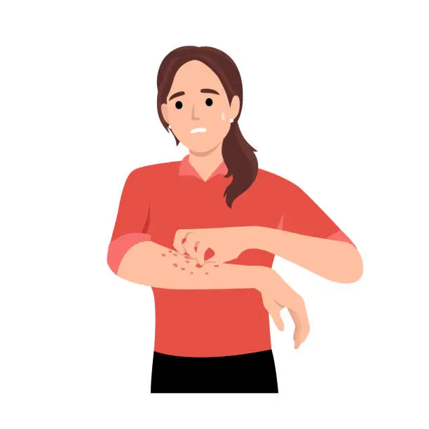 Vector illustration of Unhappy suffering woman scratching the skin on her hand. Various skin problems, such as allergies, psoriasis, itching, atopic dermatitis, eczema, dryness, redness. Virus disease and eczema concept